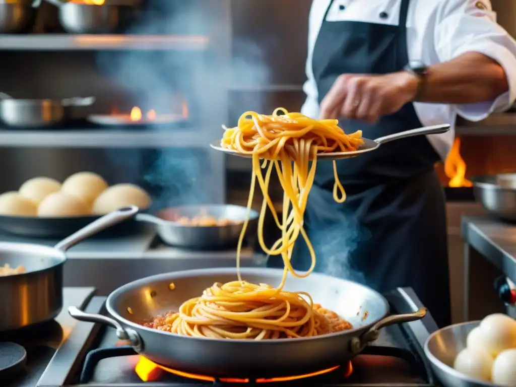 Un chef experto lanzando pasta al vodka en llamas en una cocina italiana bulliciosa, destacando la destreza y energía en la receta italiana