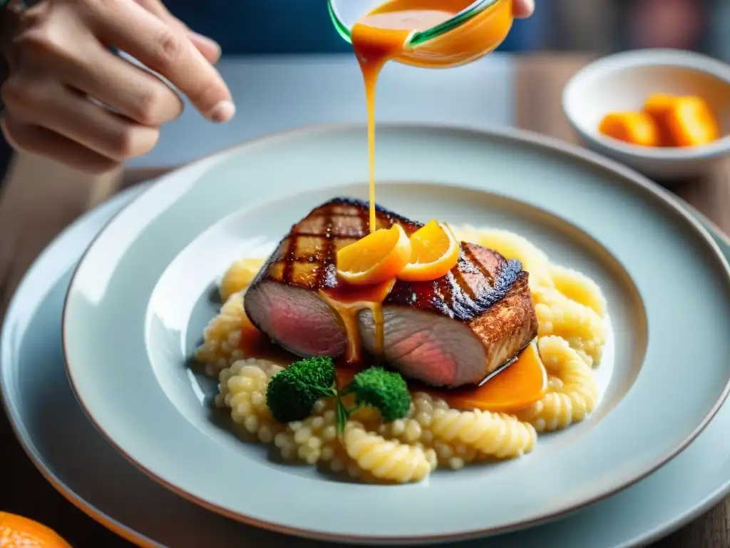 Un chef experto rocía salsa naranja sobre pato con risotto, en un mercado francés