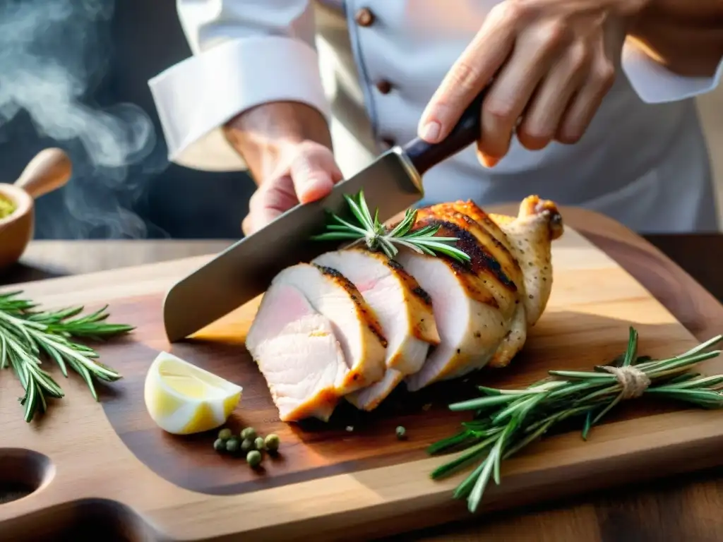 Un chef experto aplanando pechuga de pollo para la receta tradicional Pollo al Marsala