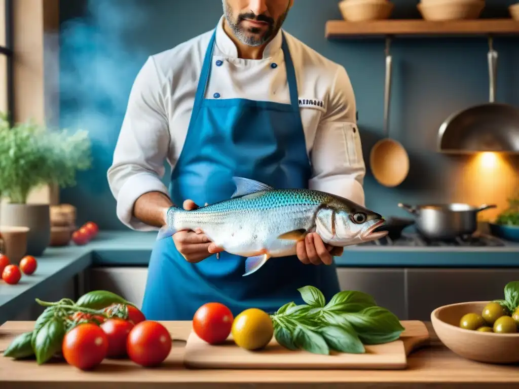 Un chef experto filetea pescado azul en una cocina italiana tradicional, rodeado de ingredientes vibrantes