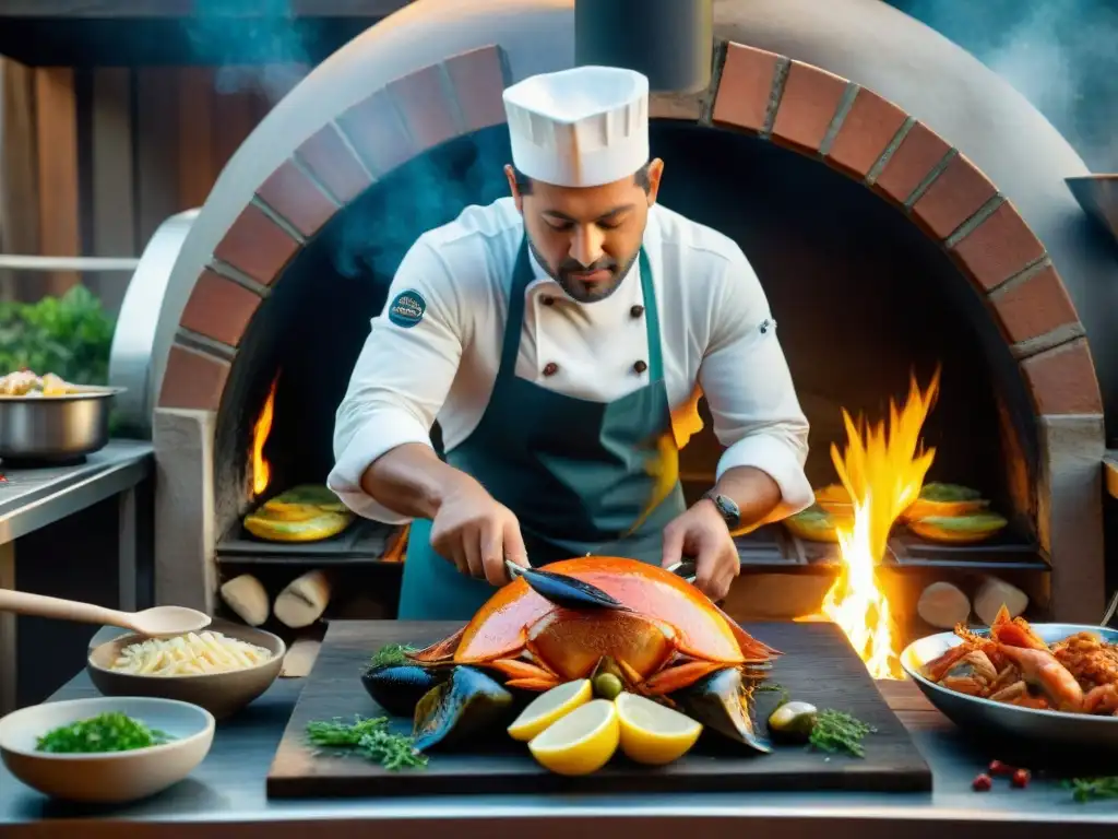 Un chef experto preparando Pescados y Mariscos al Horno en un horno de leña italiano rústico, con llamas crepitantes y aroma tentador