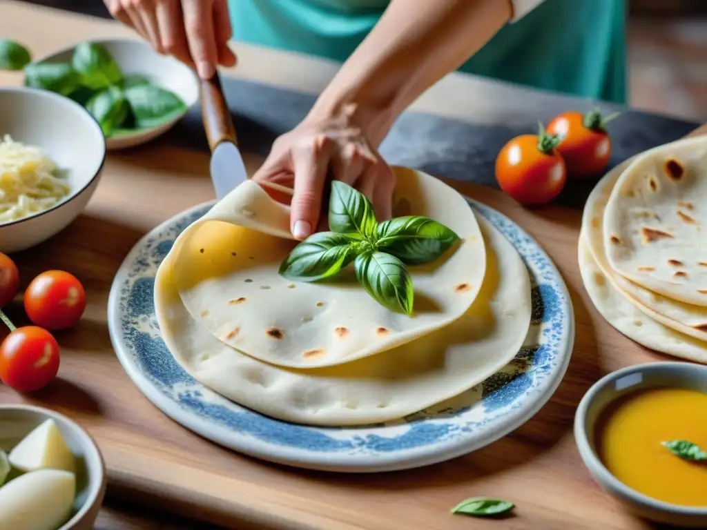 Un chef experto prepara Piadina Romagnola en una cocina tradicional italiana