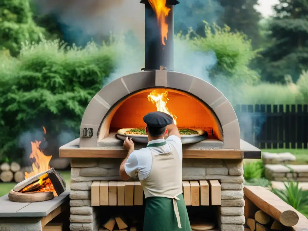 Un chef experto cocina pizza a las brasas al aire libre en horno de ladrillo rodeado de fuego y humo, en un entorno natural