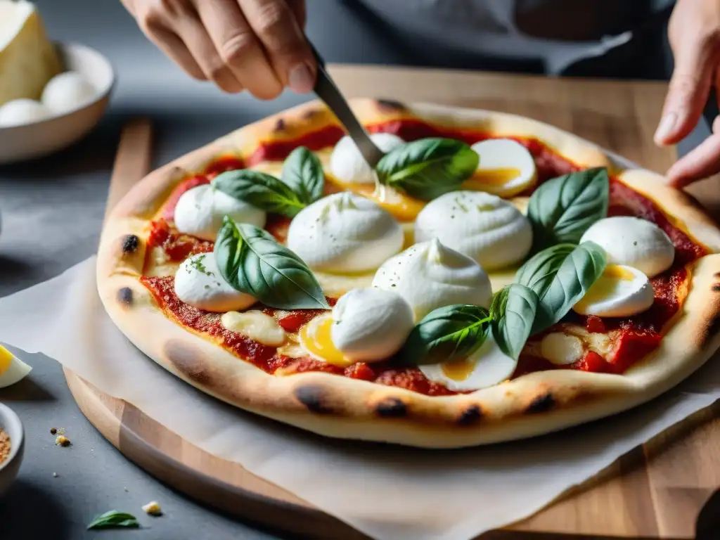 Chef experto decora pizza con burrata en comida rápida, creando un remolino de queso derretido