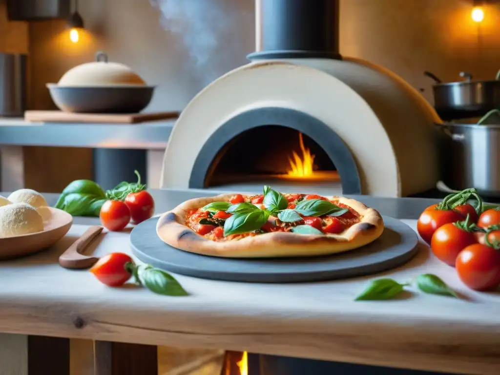 Un chef experto preparando pizzas veganas con recetas tradicionales en una cocina rústica italiana