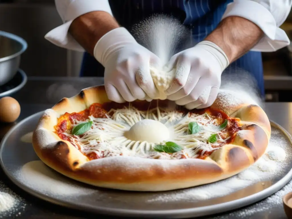 Un chef experto en una pizzería de alta tecnología estira hábilmente la masa de pizza, fusionando tradición e innovación con tecnología para una corteza perfecta