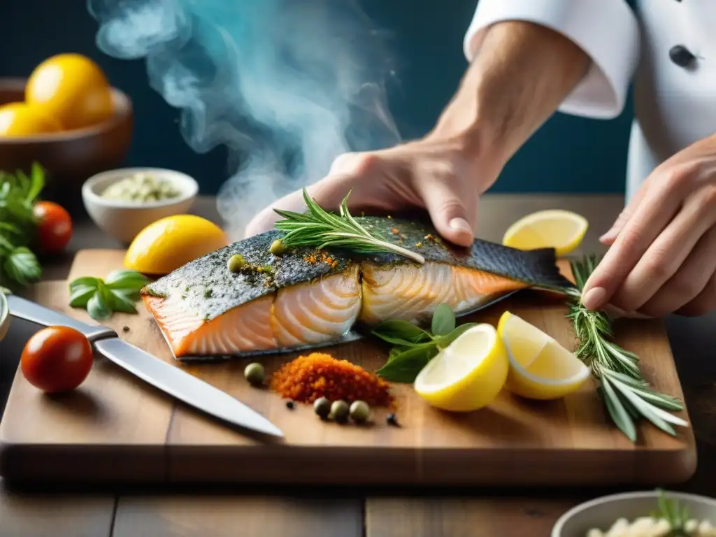 Un chef experto prepara un platillo italiano con pescado, destacando la maestría culinaria y pasión por la cocina