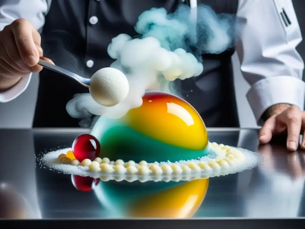 Un chef experto realiza sferificación en un plato italiano usando cocina molecular