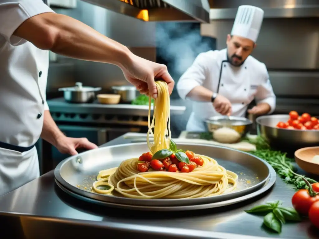 Un chef experto personaliza un plato de pasta en cocina italiana