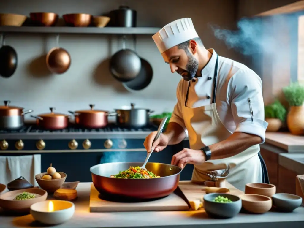 Un chef experto prepara un plato romano antiguo en cocina moderna, evocando sabores antiguos en un escenario contemporáneo