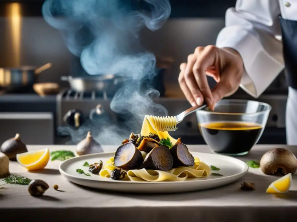 Un chef experto prepara platos italianos modernos con trufas en una cocina elegante