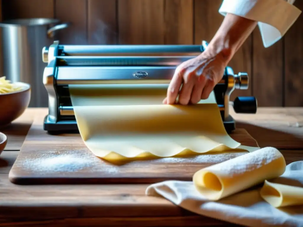 Un chef experto en platos italianos tradicionales y tendencias amasa finas láminas de pasta, creando tagliatelle a mano en una mesa rústica