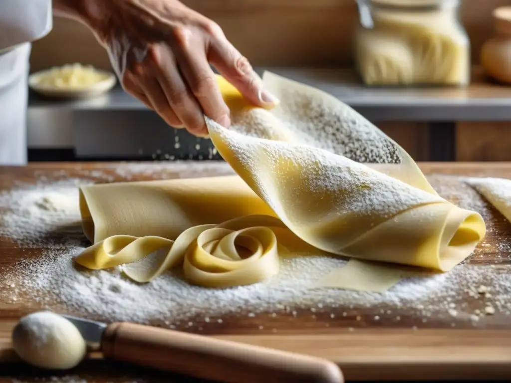 Un chef experto en platos italianos tradicionales recetas históricas amasa finas láminas de pasta fresca en una encimera de madera