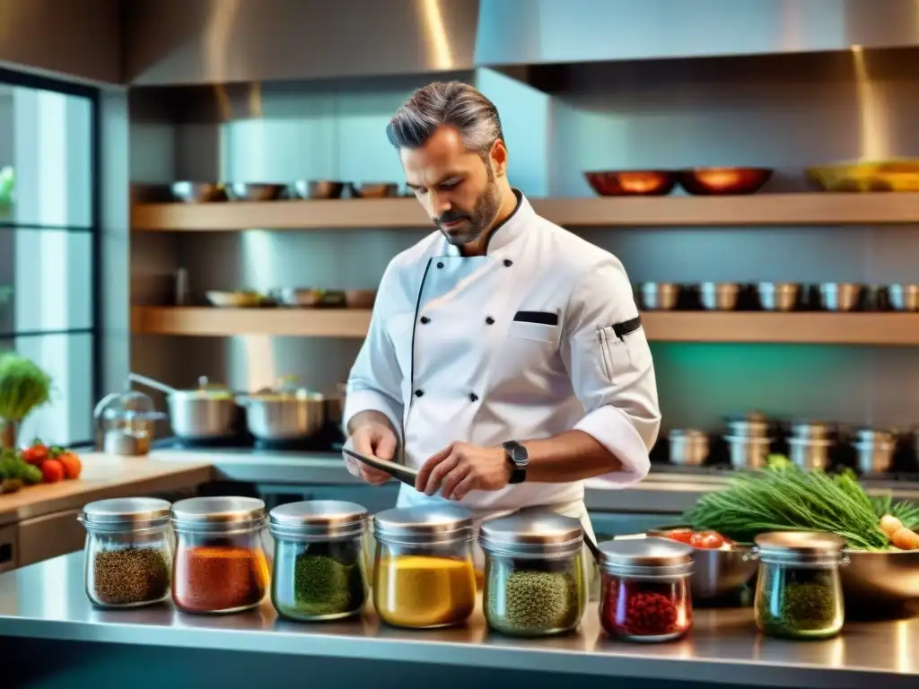 Chef experto preparando platos italianos modernizados en una bulliciosa cocina contemporánea