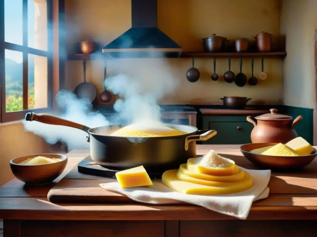 Un chef experto remueve polenta en una cocina italiana tradicional del siglo XIX