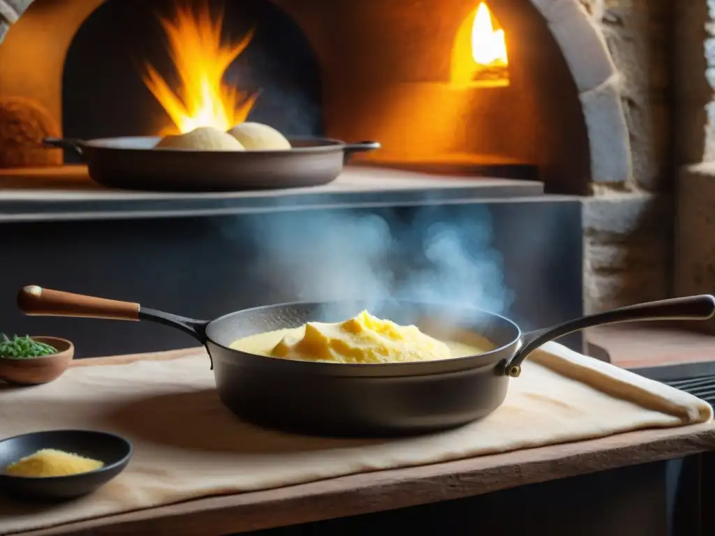 Un chef experto prepara polenta en horno de leña en una cocina italiana tradicional