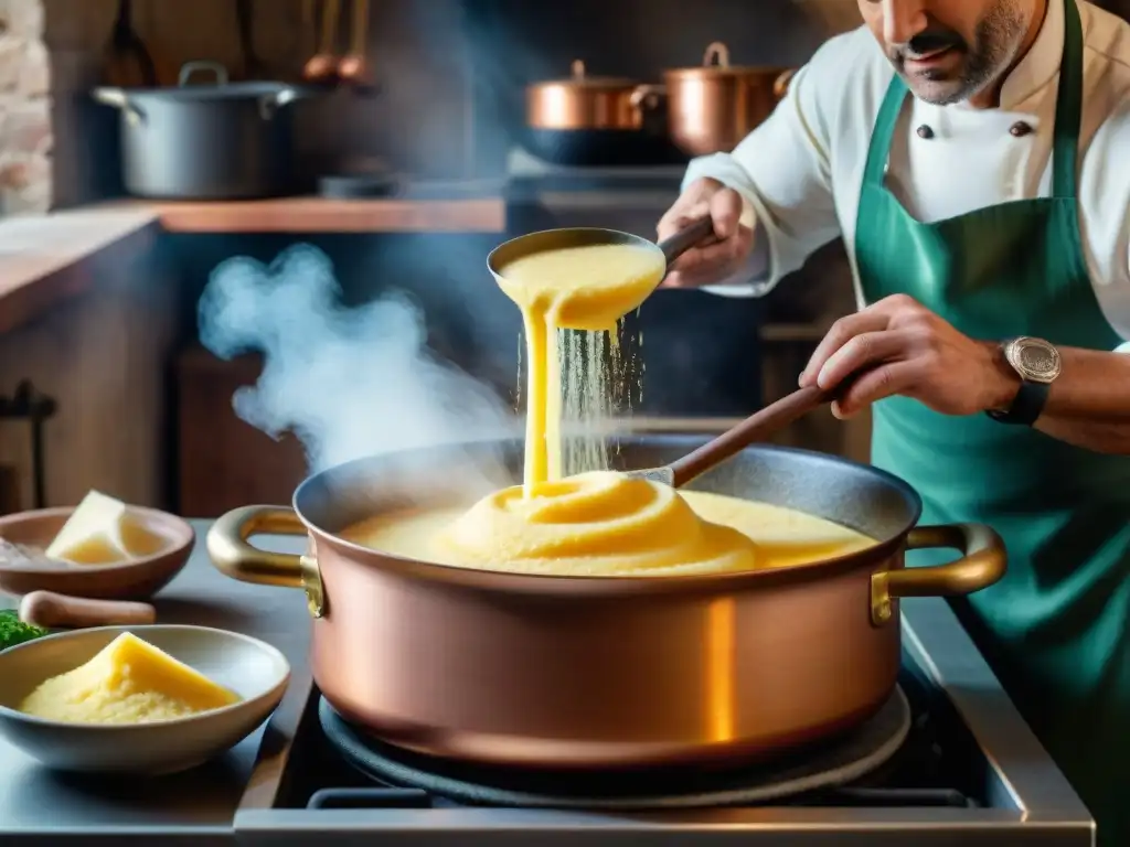 Chef experto remueve polenta en olla de cobre en cocina rústica italiana