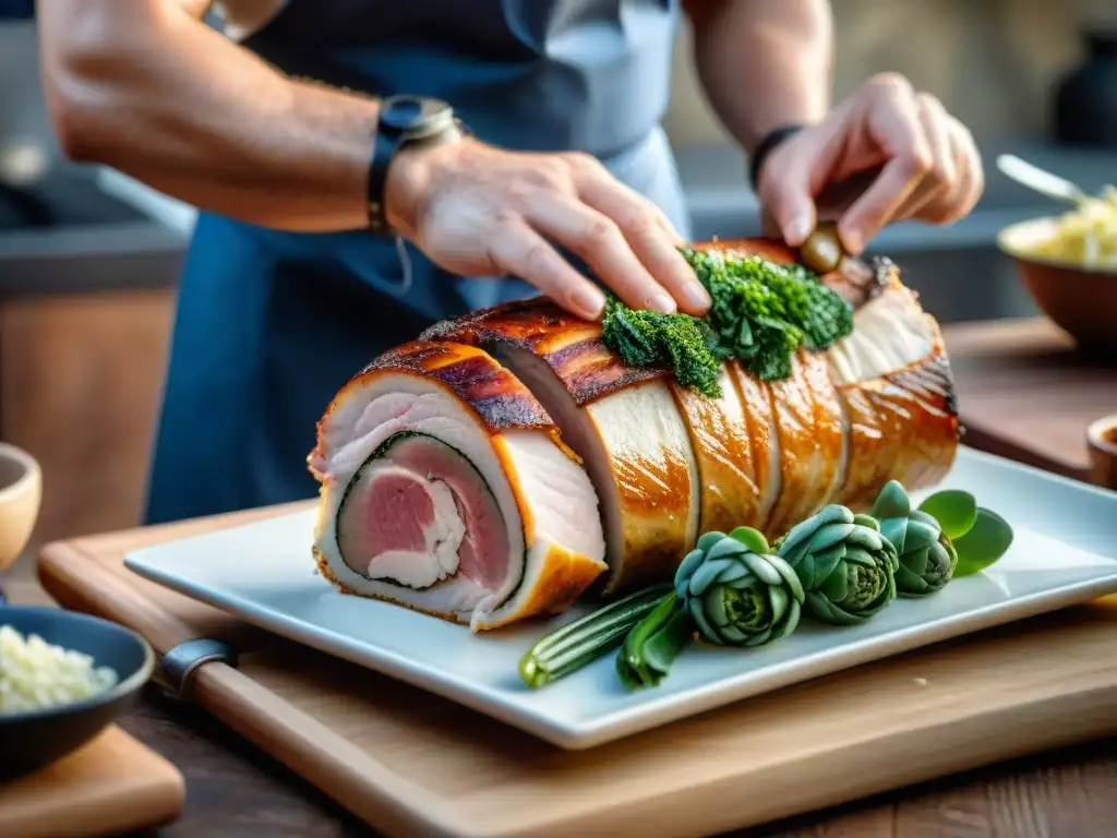 Un chef experto preparando una Porchetta Italiana: Receta Tradicional en una cocina rústica