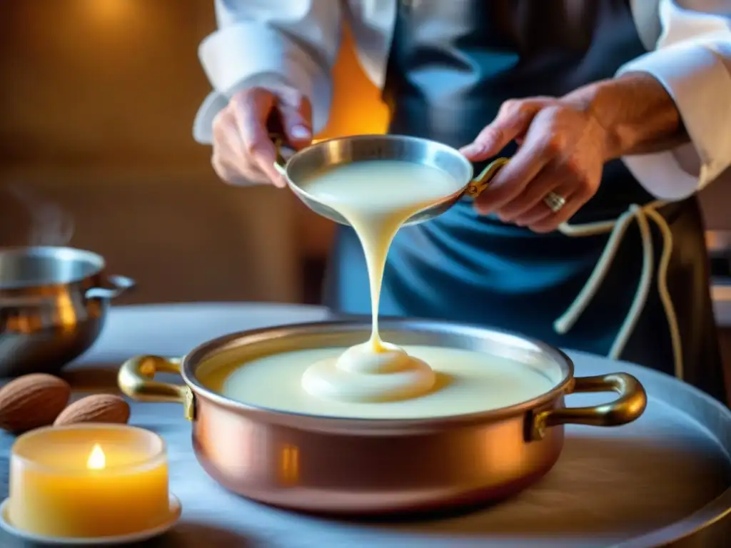 Un chef experto prepara el postre italiano Biancomangiare receta tradicional en una olla de cobre brillante