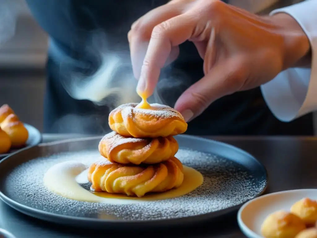 Un chef experto preparando Zeppole, postres italianos, sumergido en la elaboración artesanal