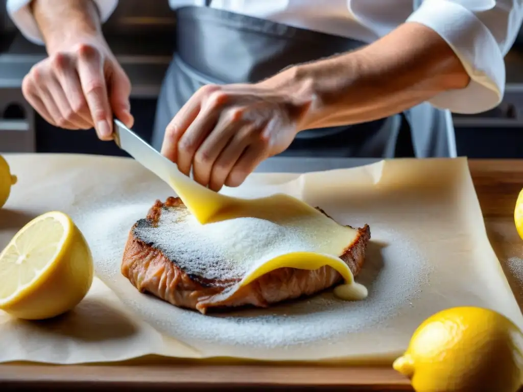 Chef experto preparando con precisión una auténtica receta de Scaloppine al Limone en cocina rústica