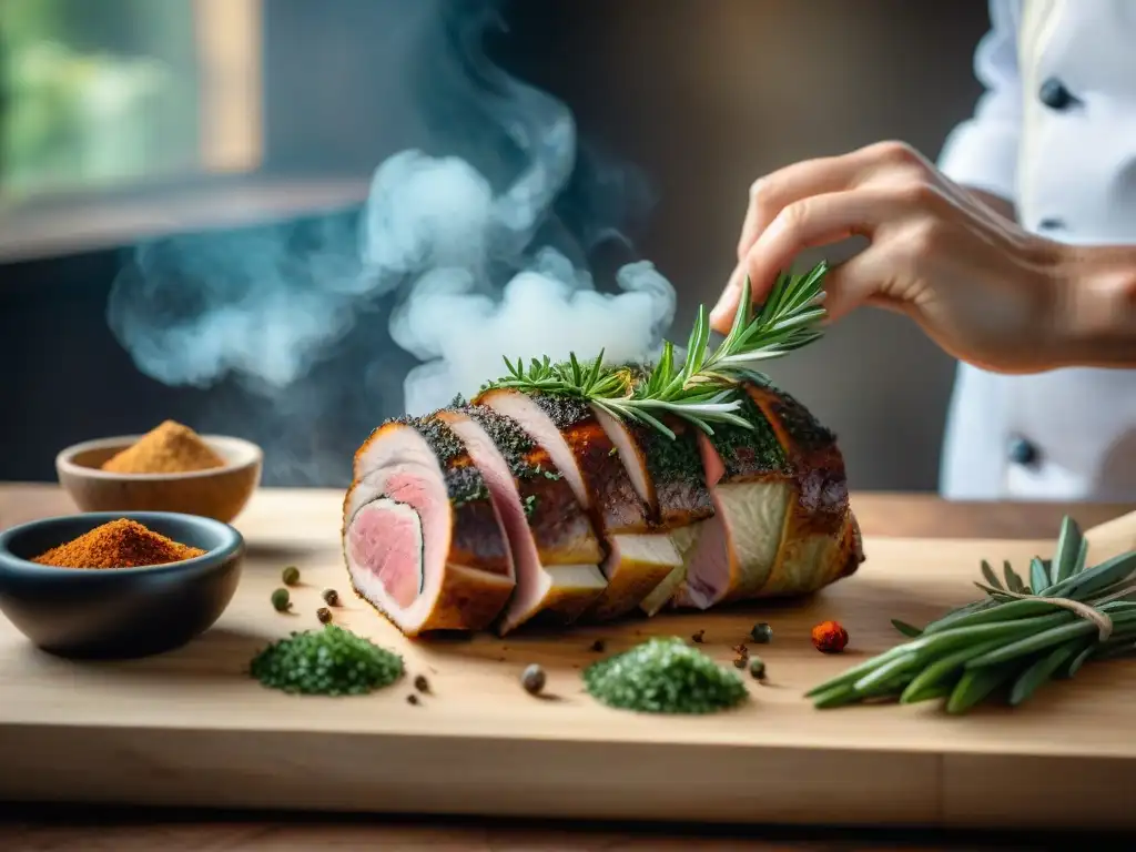 Un chef experto sazona con precisión una porchetta entera, mostrando la tradición de la receta de Porchetta Ariccia receta tradicional