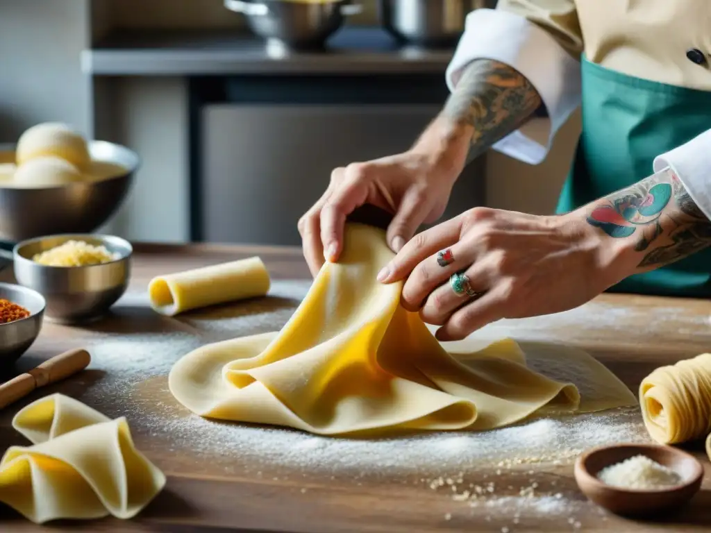 Un chef experto amasa con precisión la fresca pasta, en una cocina italiana enfocada en la reducción de desperdicio