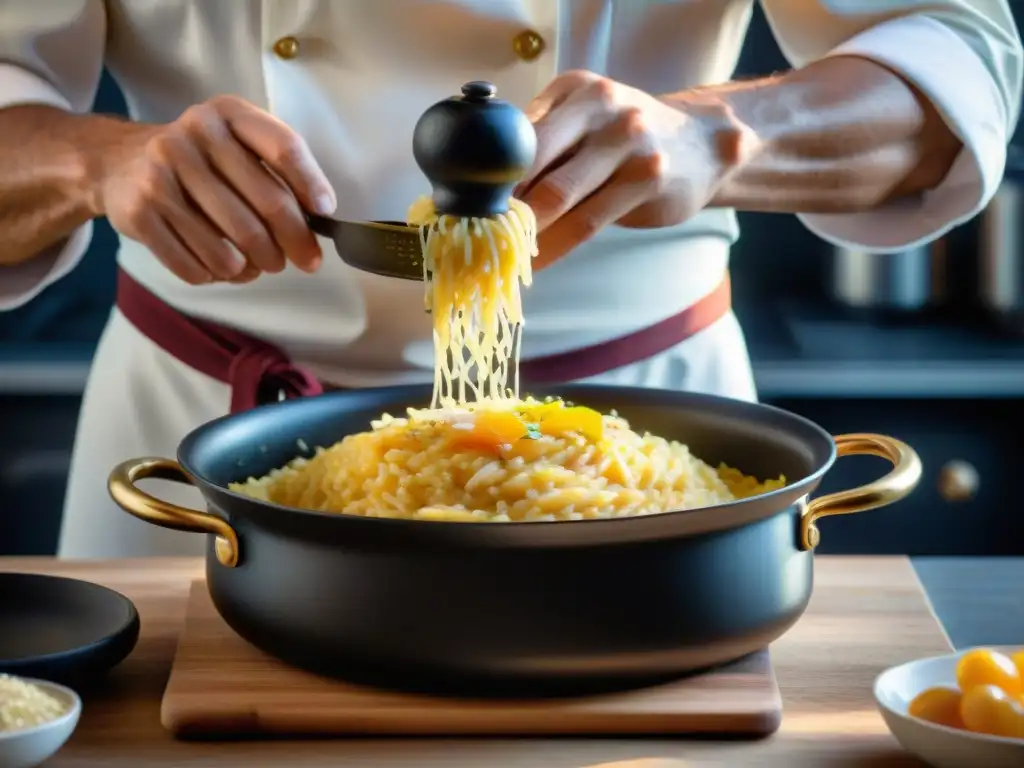 El chef experto remueve con precisión el risotto alla Milanese, mostrando la rica tonalidad dorada del plato y la tradición culinaria italiana