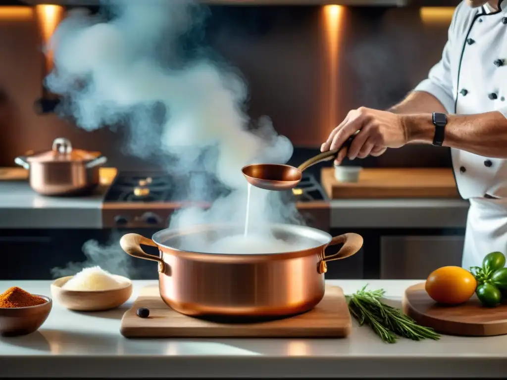 Un chef experto mezcla con precisión una salsa en una olla de cobre brillante con varillas italianas para salsas perfectas