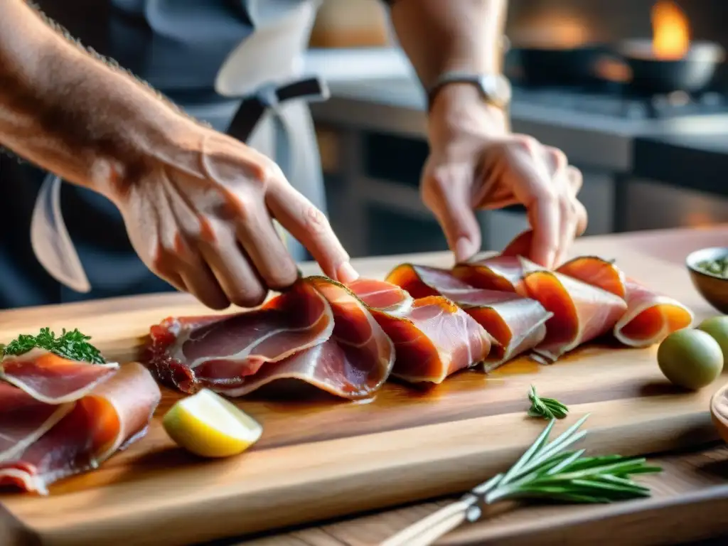 Un chef experto preparando con precisión la técnica auténtica de saltimbocca italiana con prosciutto y ternera en una cocina tradicional