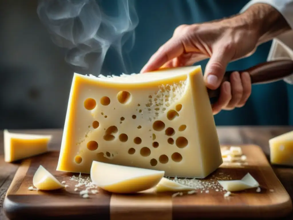 Un chef experto rallando queso Parmigiano Reggiano en uno de los mejores ralladores de queso duros italianos