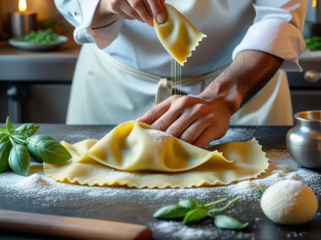 Chef experto preparando ravioli caseros en cocina italiana con detalles de pasta y relleno, ambiente rústico