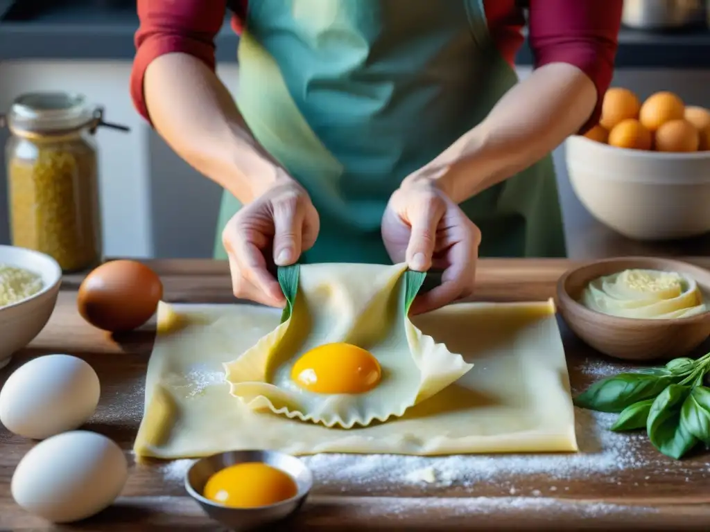 Chef experto preparando ravioli caseros con relleno de ricotta y espinacas en cocina rústica