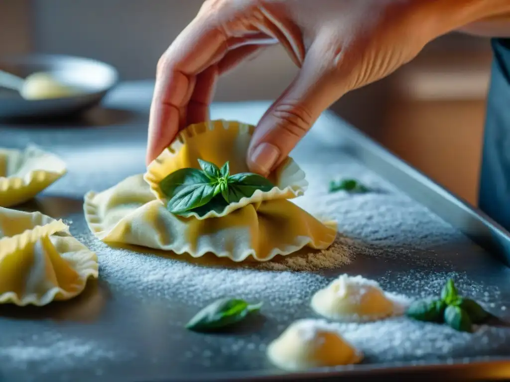 Un chef experto preparando ravioli rellenos caseros con ricota, espinacas y hierbas, en una escena detallada de pastamaking