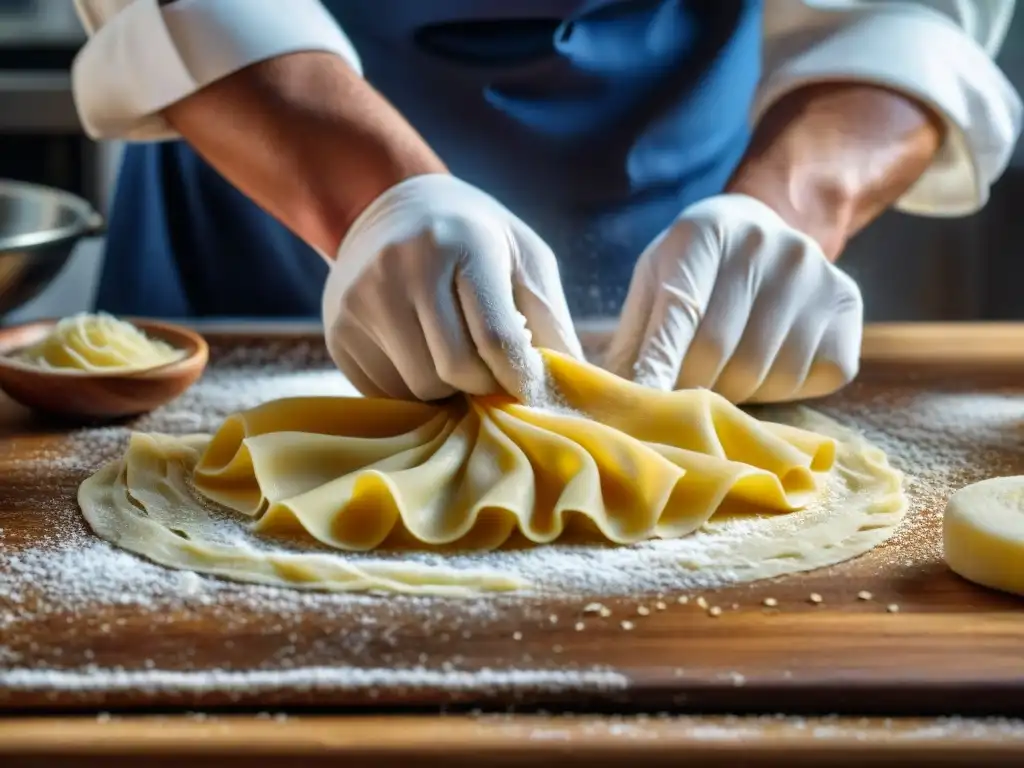 Chef experto moldea ravioli, destacando técnicas de recetas italianas tradicionales y modernas