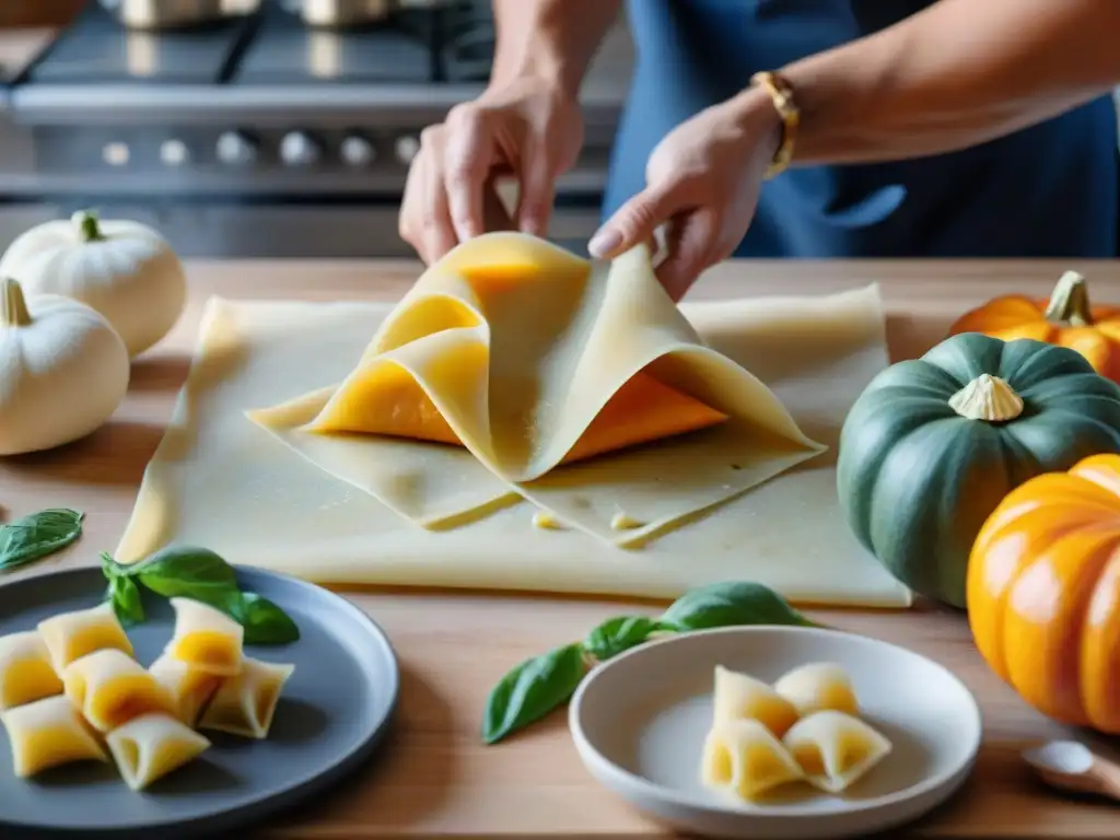 El chef experto crea raviolis de calabaza con destreza, en una cocina bulliciosa