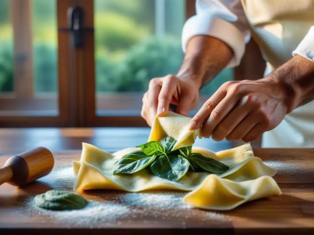 Un chef experto moldea raviolis caseros rellenos de ricotta y espinacas en una cocina rústica