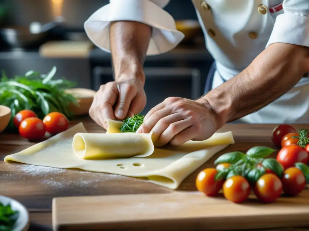 Un chef experto moldea raviolis sobre una encimera de madera, rodeado de hierbas y tomates frescos