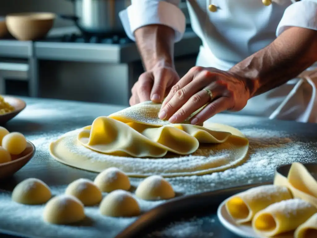 Un chef experto moldea raviolis con pasión en Milán, mostrando la artesanía de la cocina italiana