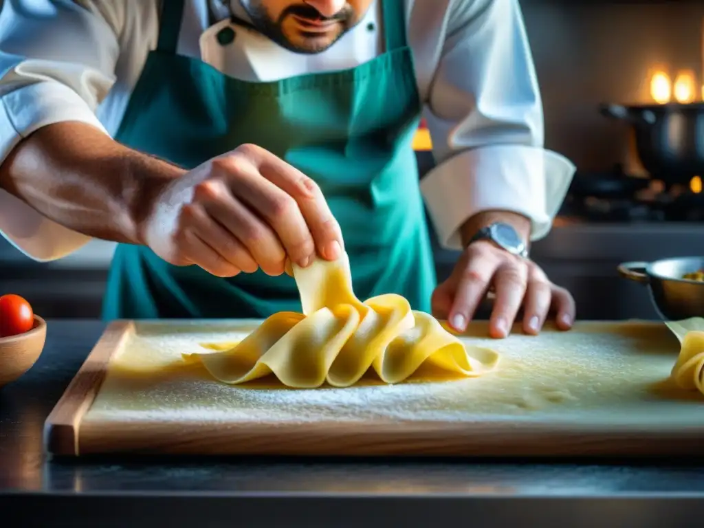 Un chef experto en conservación de raviolis pasta fresca, cuidadosamente creando delicias italianas