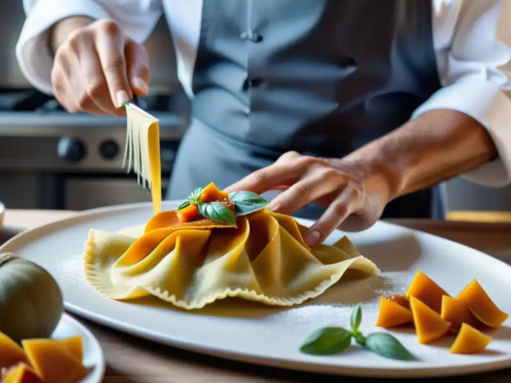 Un chef experto elabora raviolis de calabaza rellenos con destreza