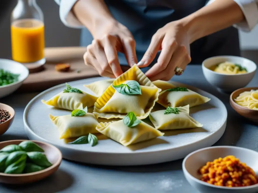 Chef experto preparando raviolis veganos en una cocina moderna, con receta italiana