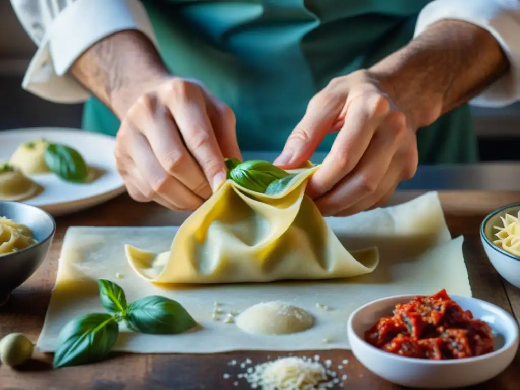 Chef experto preparando raviolis veganos con relleno de tomates secos y albahaca