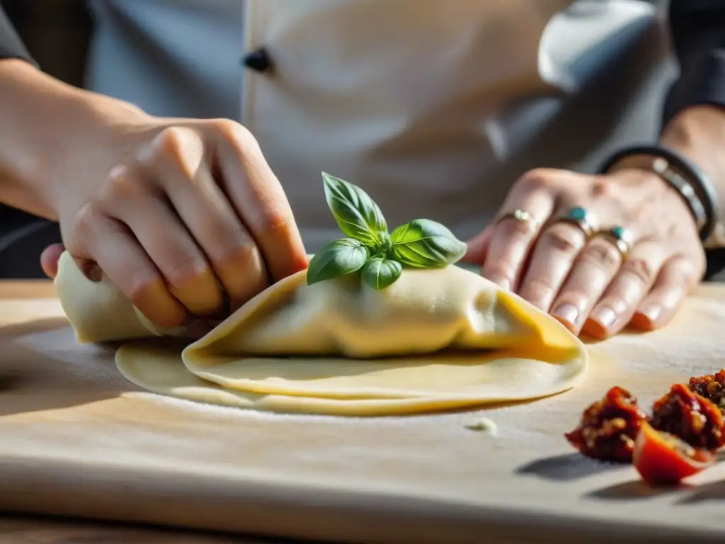 Un chef experto prepara raviolis veganos con sabor italiano, mostrando la pasión y destreza en la cocina artesanal