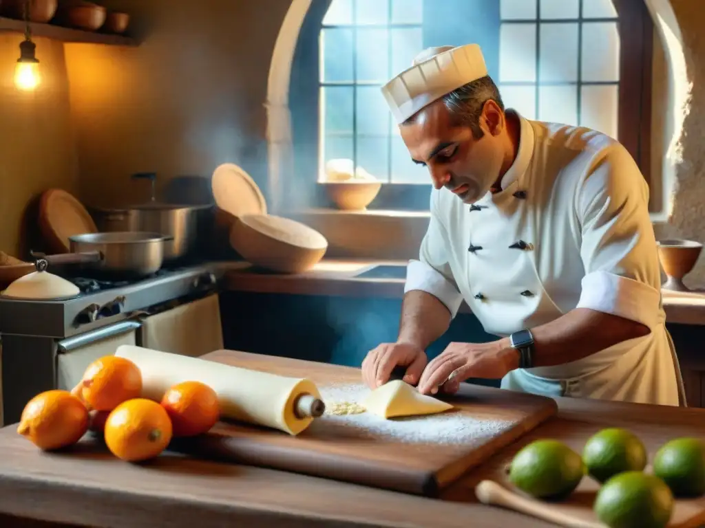 Un chef experto elabora una receta auténtica de cannoli siciliano en una cocina tradicional siciliana