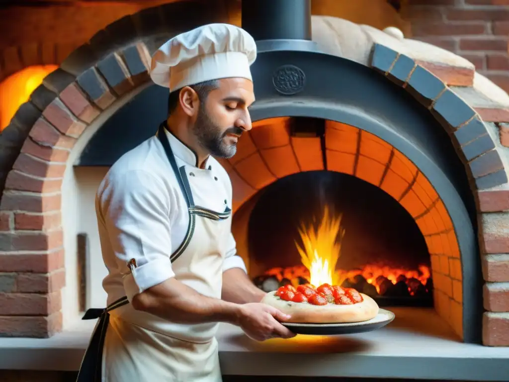 Un chef experto prepara una receta auténtica pizza napolitana casera en horno de leña, con ingredientes frescos y pasión palpable