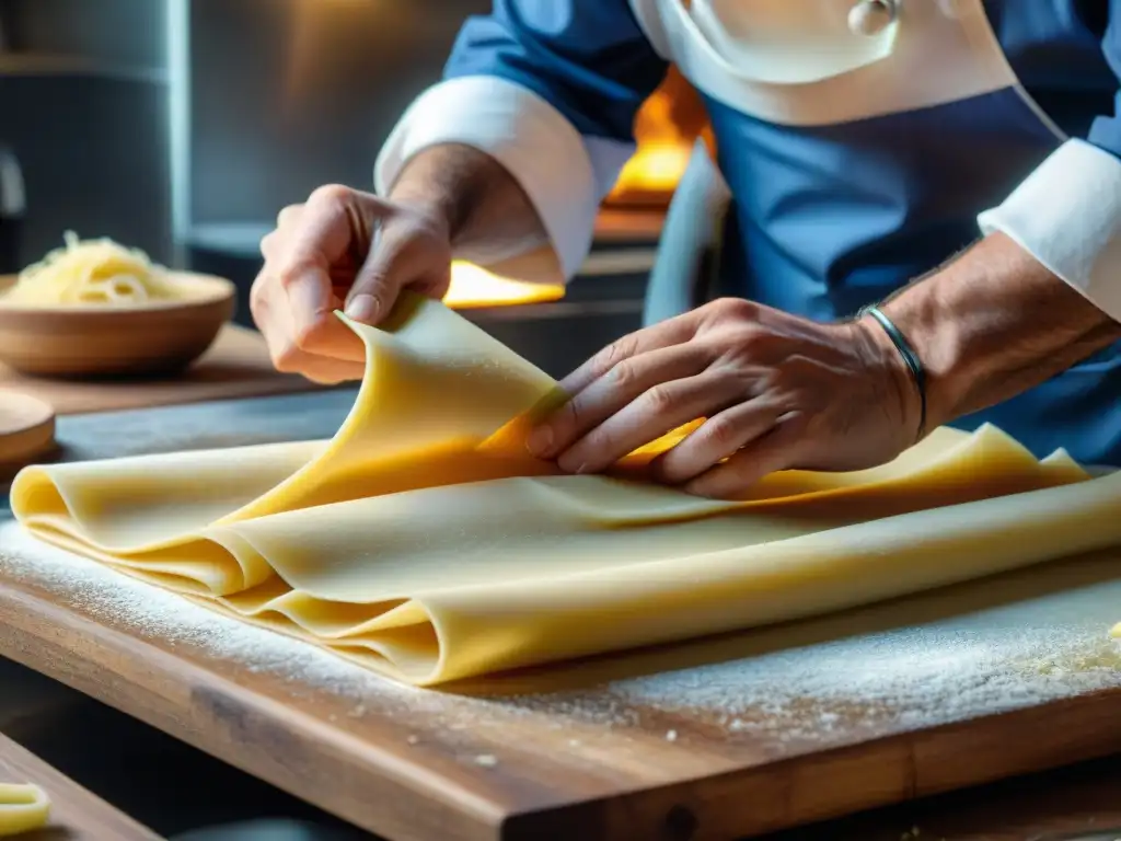 Un chef experto preparando una receta auténtica de lasaña italiana con capas de pasta fresca en EmiliaRomagna