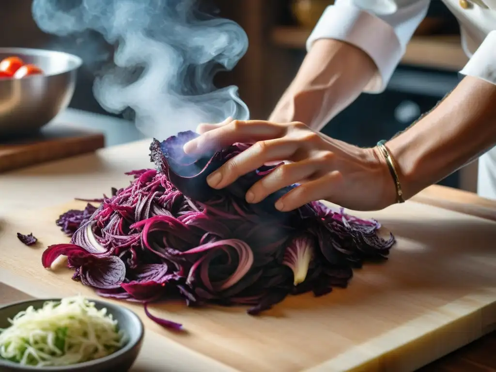 Un chef experto preparando la receta auténtica Kimchi Italiano con precisión y pasión en una cocina rústica iluminada por el sol