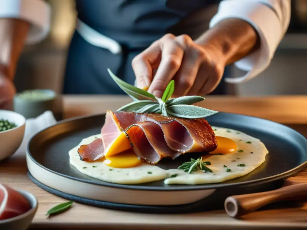 Un chef experto preparando una receta auténtica Saltimbocca alla Romana con prosciutto, ternera y salvia en una cocina rústica