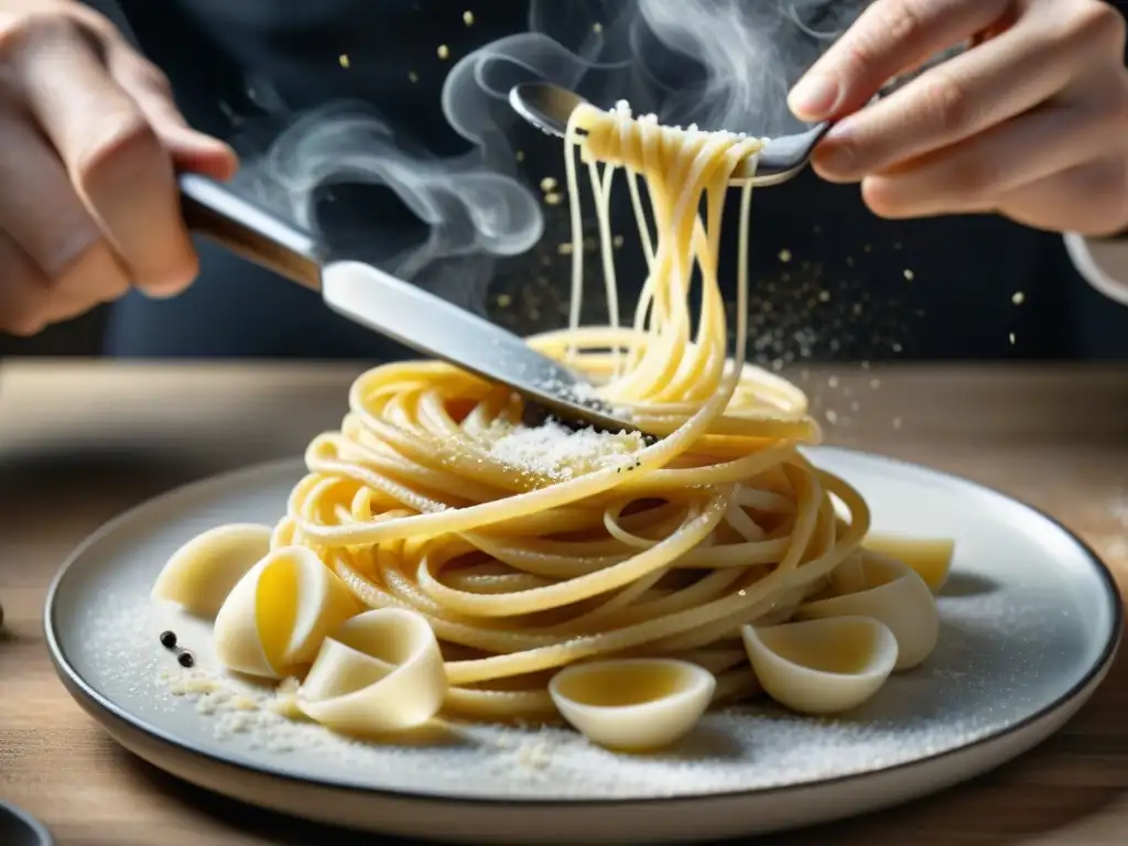 Un chef experto prepara la receta auténtica cacio e pepe: pasta en queso pecorino con pimienta recién molida